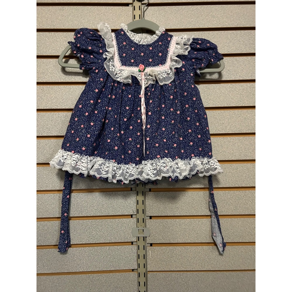 Vintage Girls 2T Navy Blue‎ Floral Calico Lace Ruffle Prairie Dress Made in USA